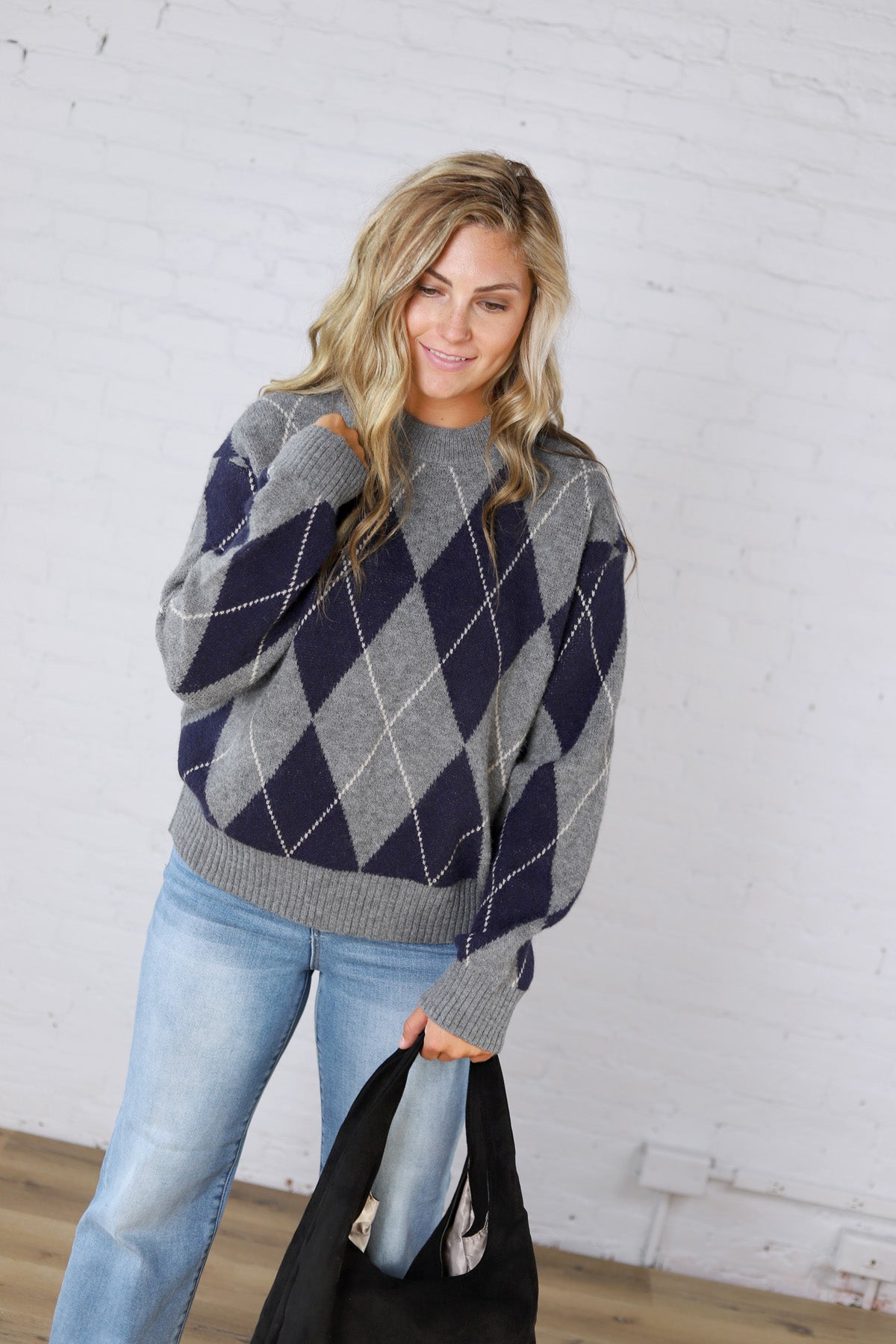 Edie Oversized Argyle Sweater - Navy Multi