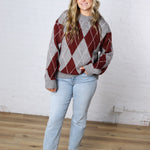 Edie Oversized Argyle Sweater - Wine Multi