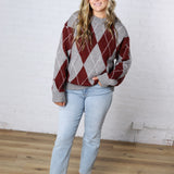 Edie Oversized Argyle Sweater - Wine Multi