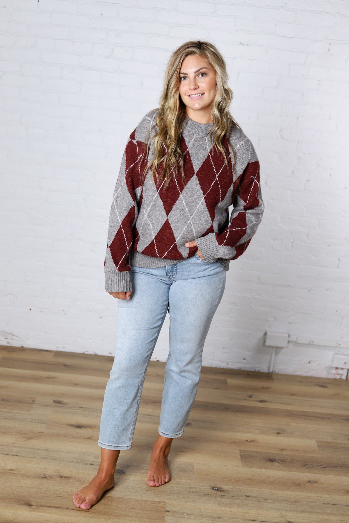 Edie Oversized Argyle Sweater - Wine Multi
