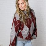 Edie Oversized Argyle Sweater - Wine Multi