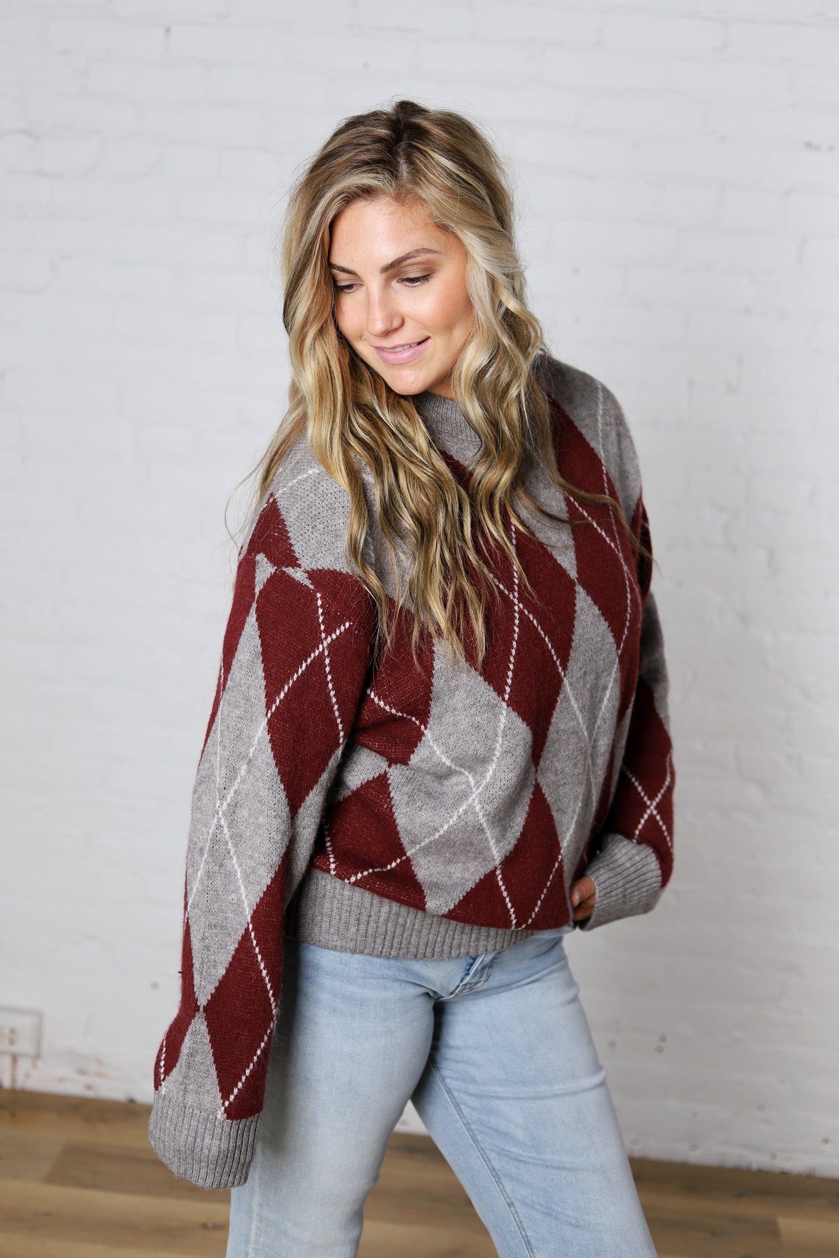 Edie Oversized Argyle Sweater - Wine Multi