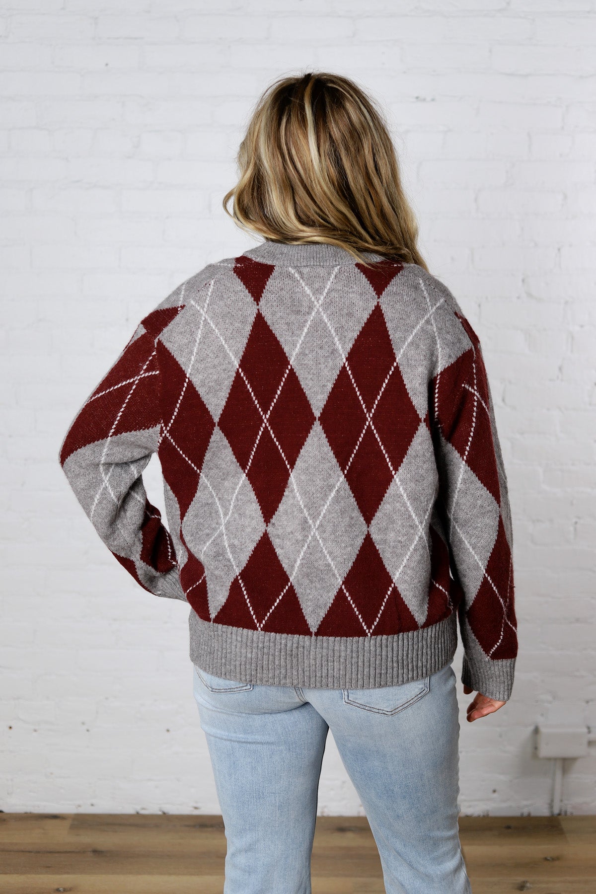 Edie Oversized Argyle Sweater - Wine Multi