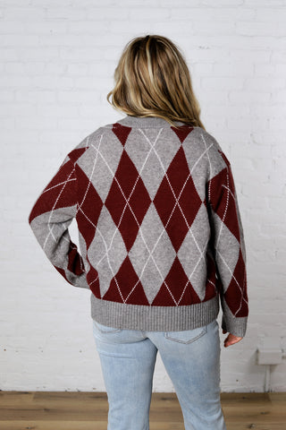 Edie Oversized Argyle Sweater - Wine Multi