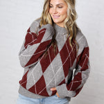 Edie Oversized Argyle Sweater - Wine Multi
