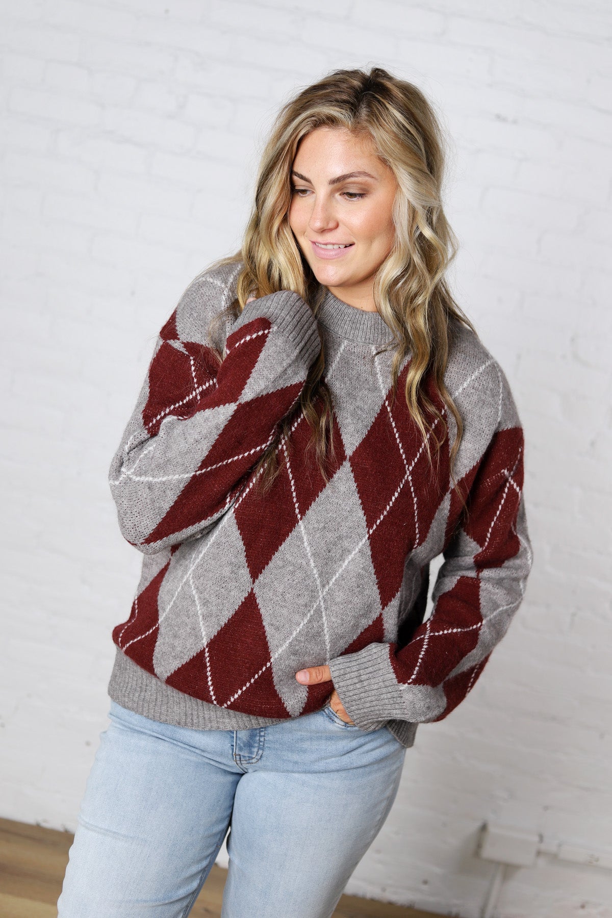 Edie Oversized Argyle Sweater - Wine Multi
