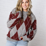 Edie Oversized Argyle Sweater - Wine Multi