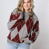 Edie Oversized Argyle Sweater - Wine Multi