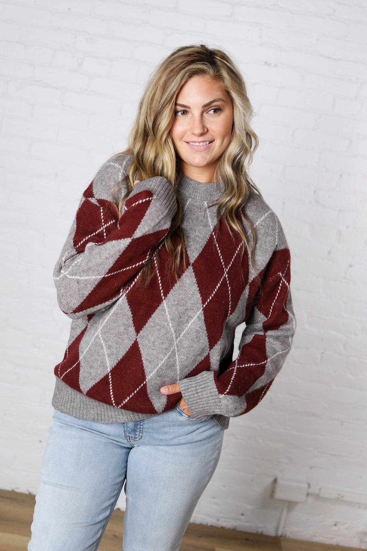 Edie Oversized Argyle Sweater - Wine Multi
