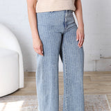 Elara Washed Stripe Denim Frayed Hem Pants