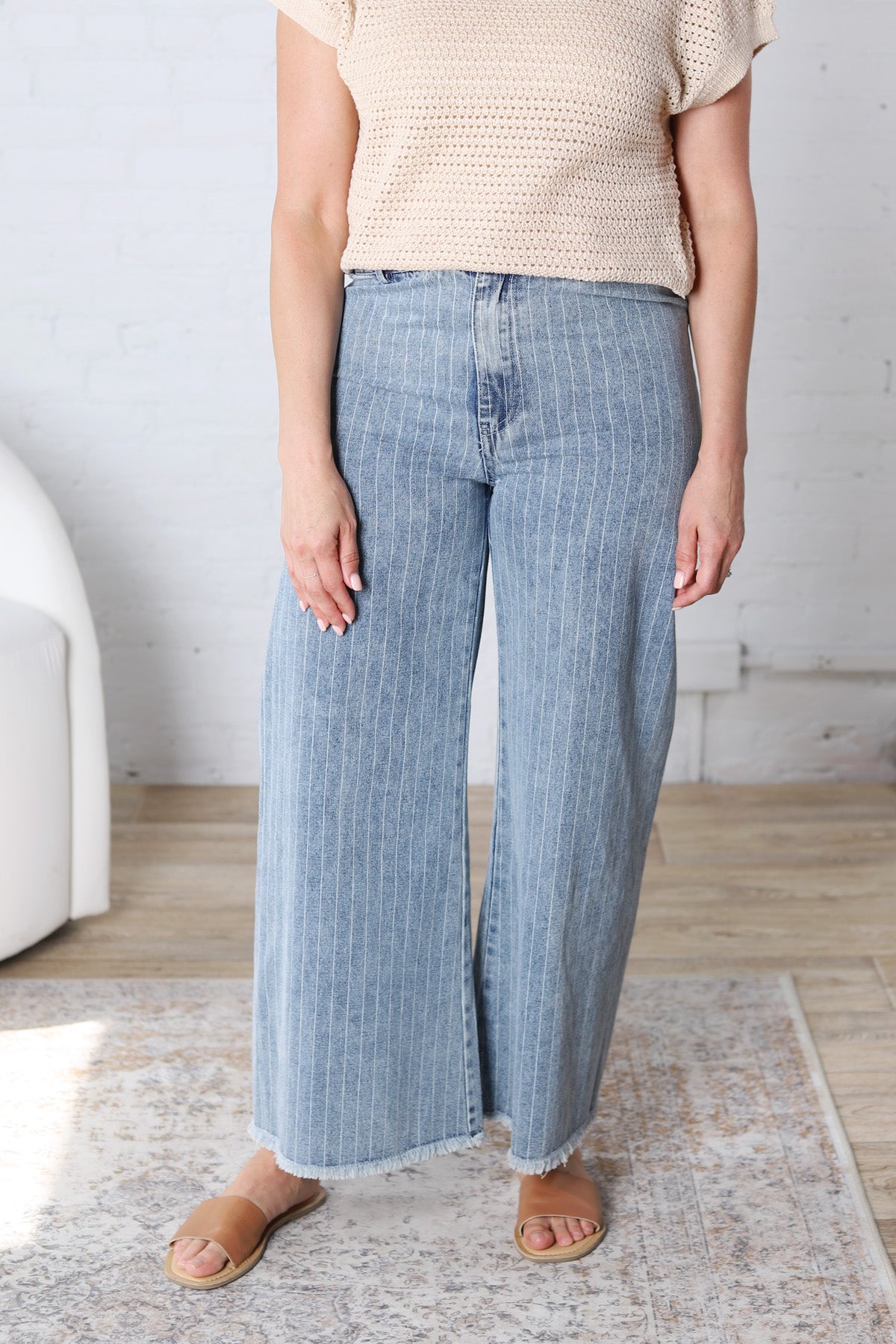 Elara Washed Stripe Denim Frayed Hem Pants FINAL SALE