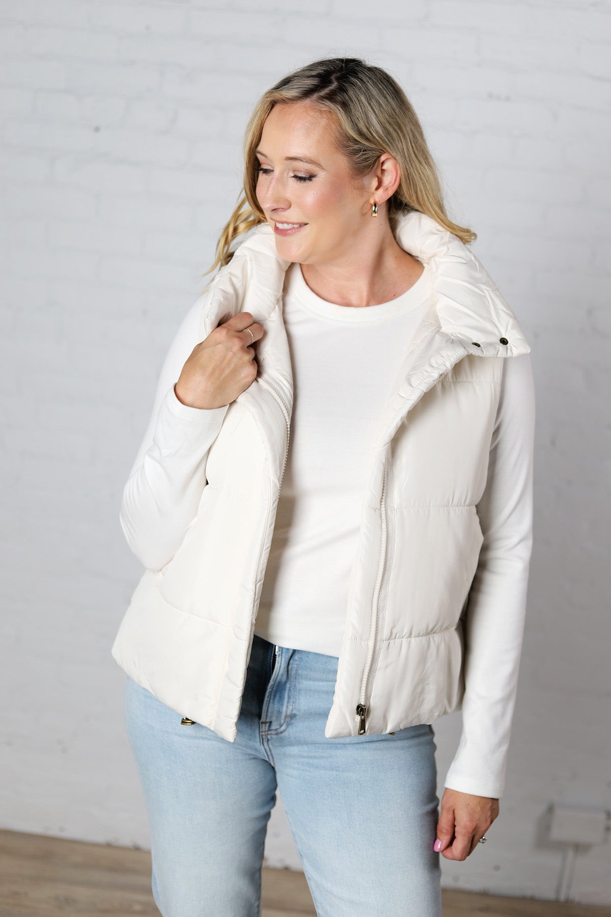 Elara Zip Up Puffer Vest - Ivory - FINAL SALE