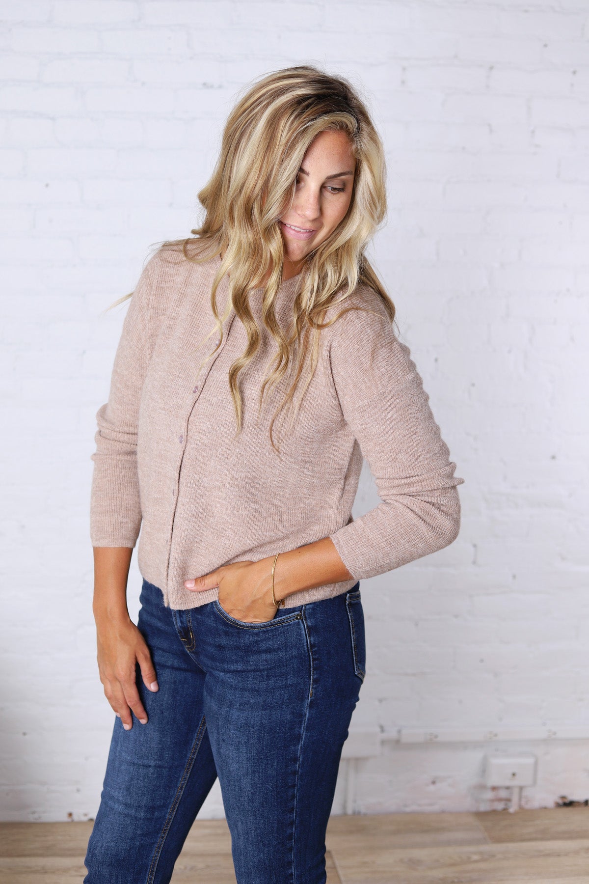 Eleanor Round Neck Wool Ribbed Cardigan - Mocha