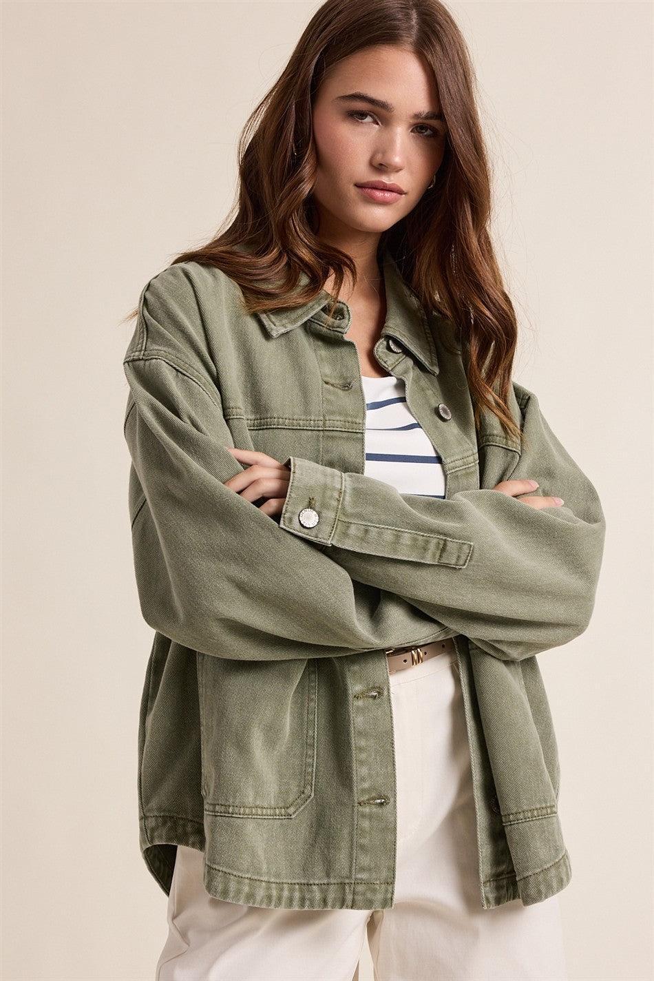 Eleni Denim Button-Up Jacket - Olive