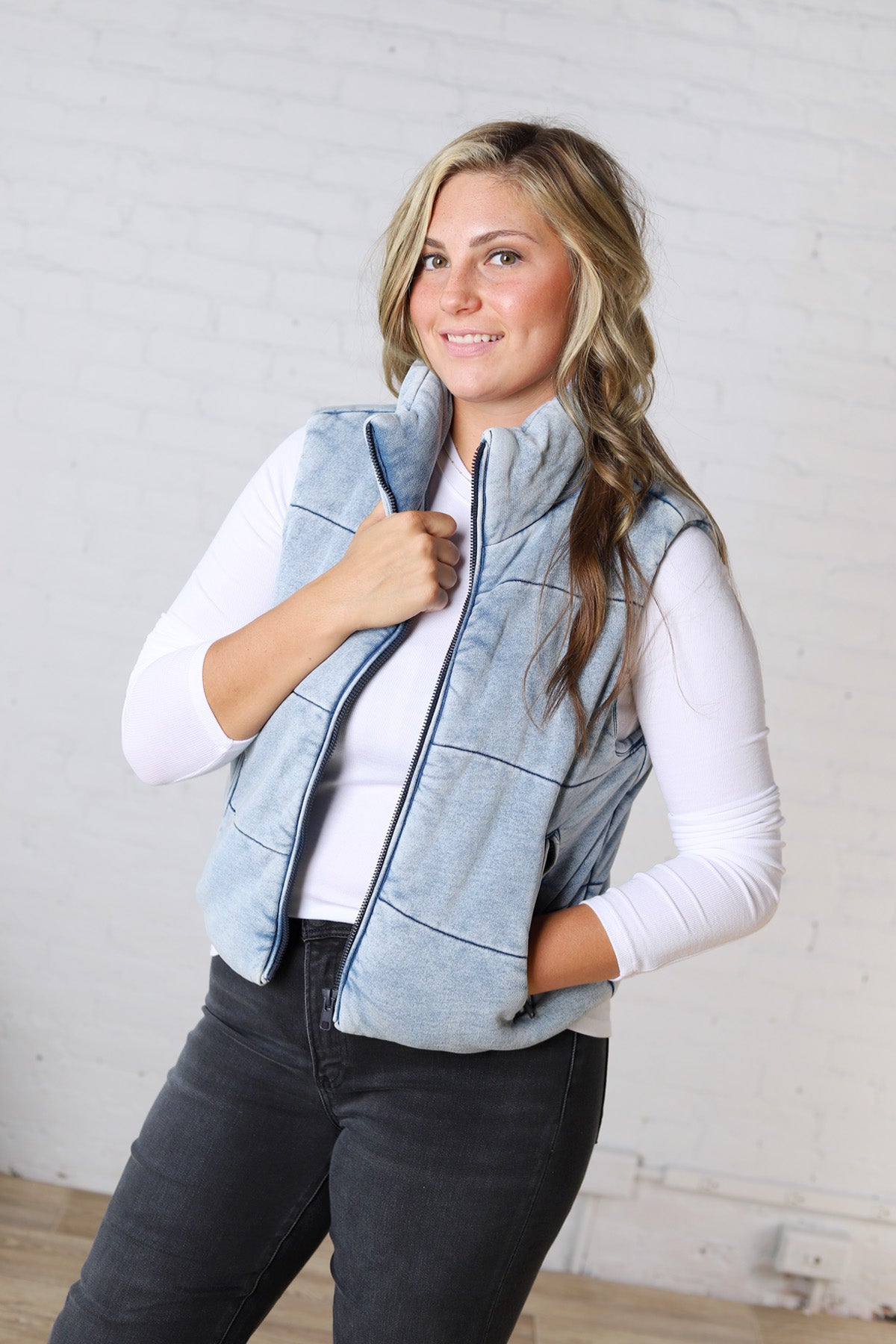 Eleri Denim Feel Zip Up Puffer Vest