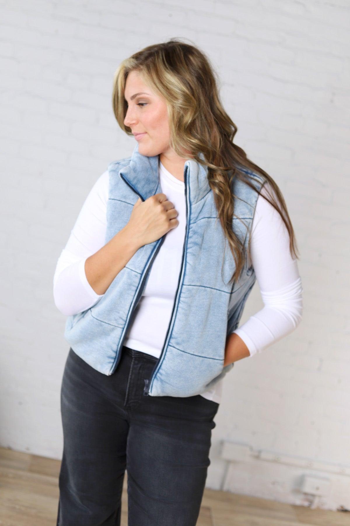Eleri Denim Feel Zip Up Puffer Vest FINAL SALE
