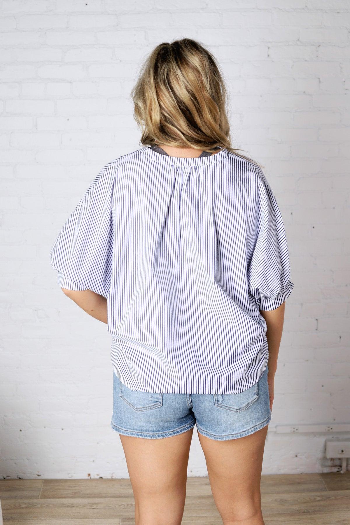 Elina Pinstripe Seersucker Dolman - Blue