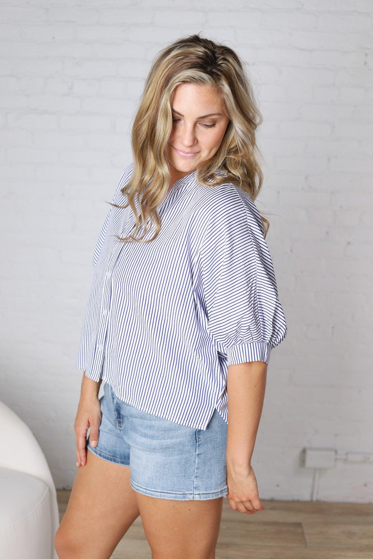 Elina Pinstripe Seersucker Dolman - Blue