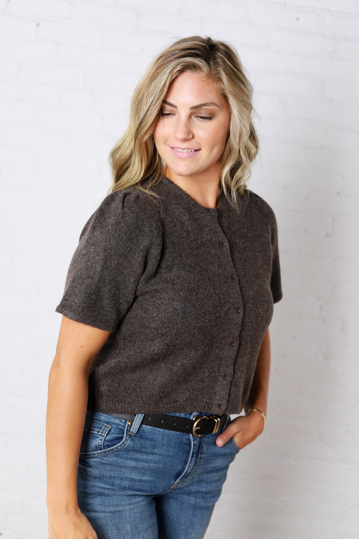 Ellery Puff Sleeve Sweater Cardigan - Brown