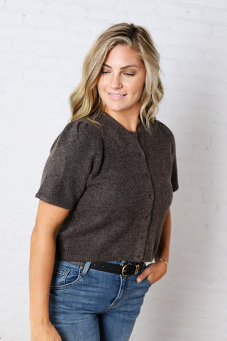 Ellery Puff Sleeve Sweater Cardigan - Brown