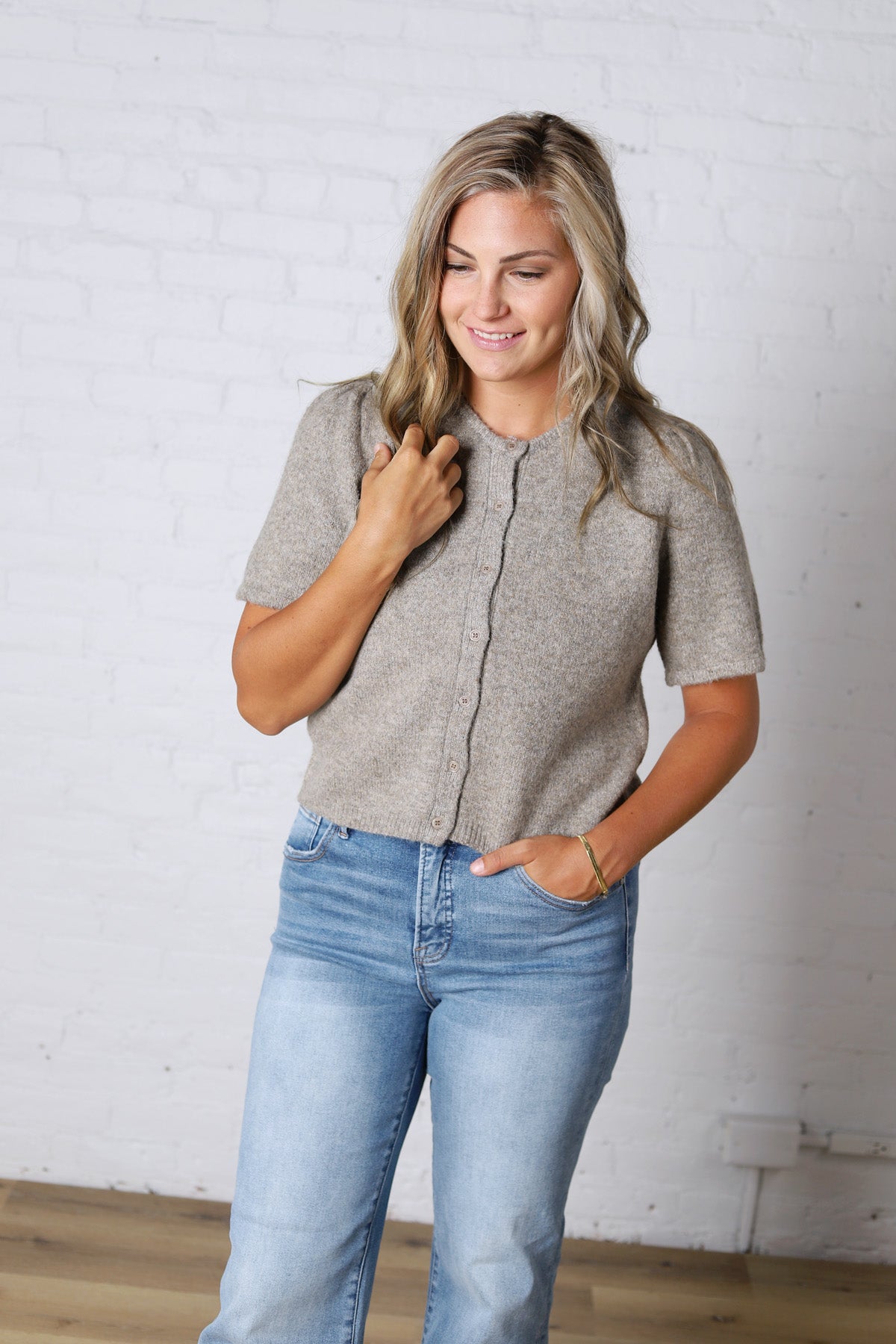 Ellery Puff Sleeve Sweater Cardigan - Charcoal Mocha