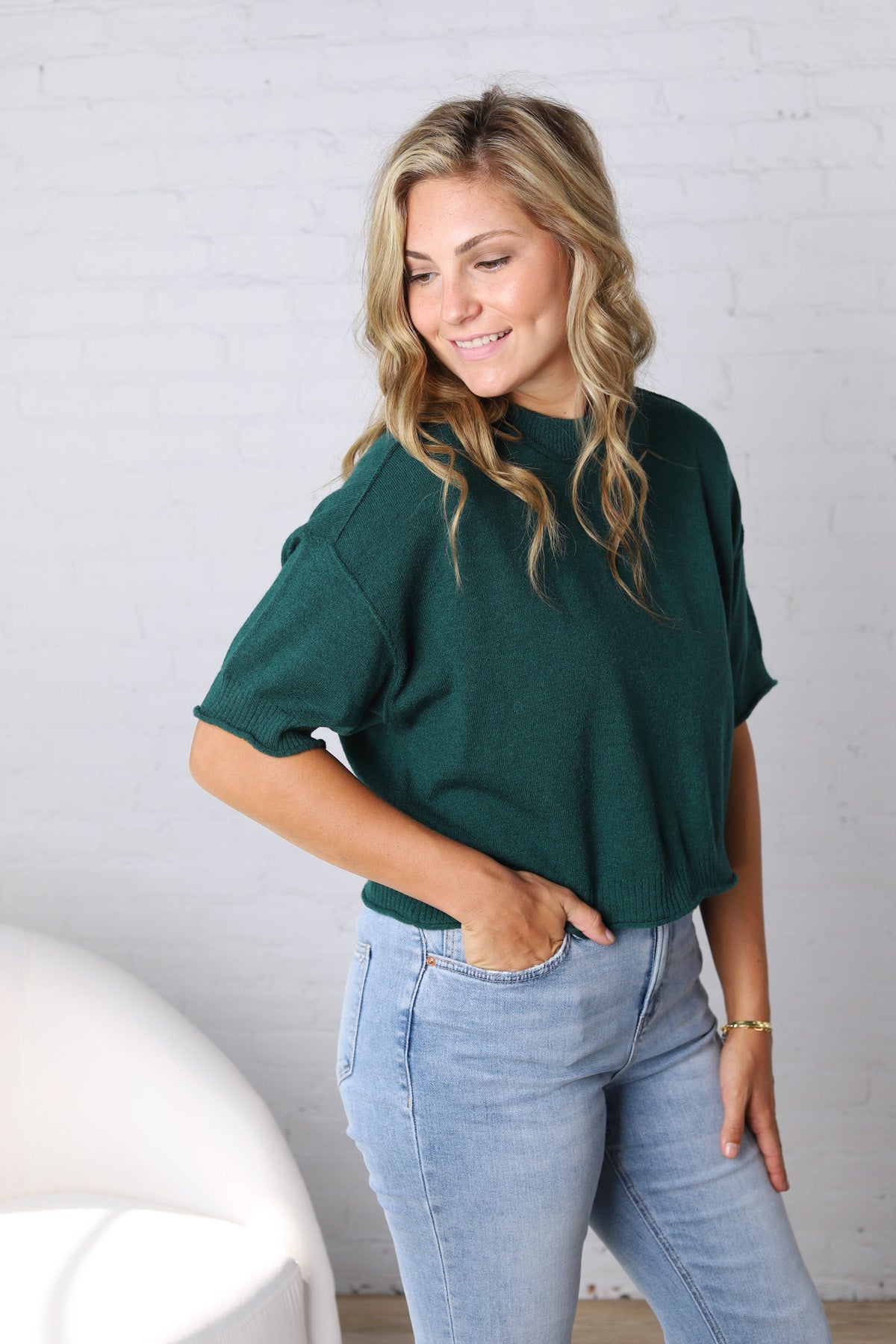 Elodie Round Neck Short Sleeve Sweater - Juniper Green