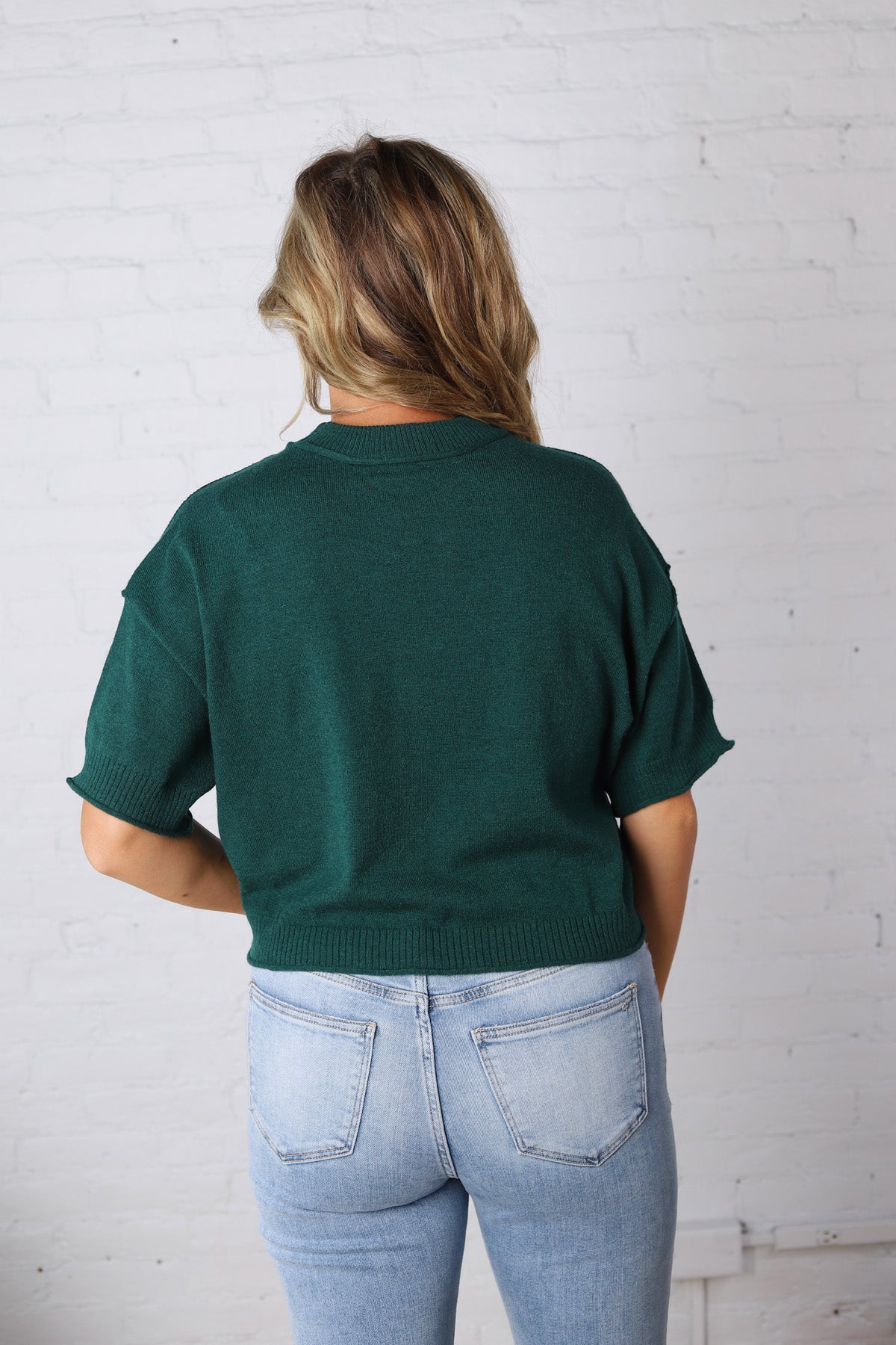 Elodie Round Neck Short Sleeve Sweater - Juniper Green