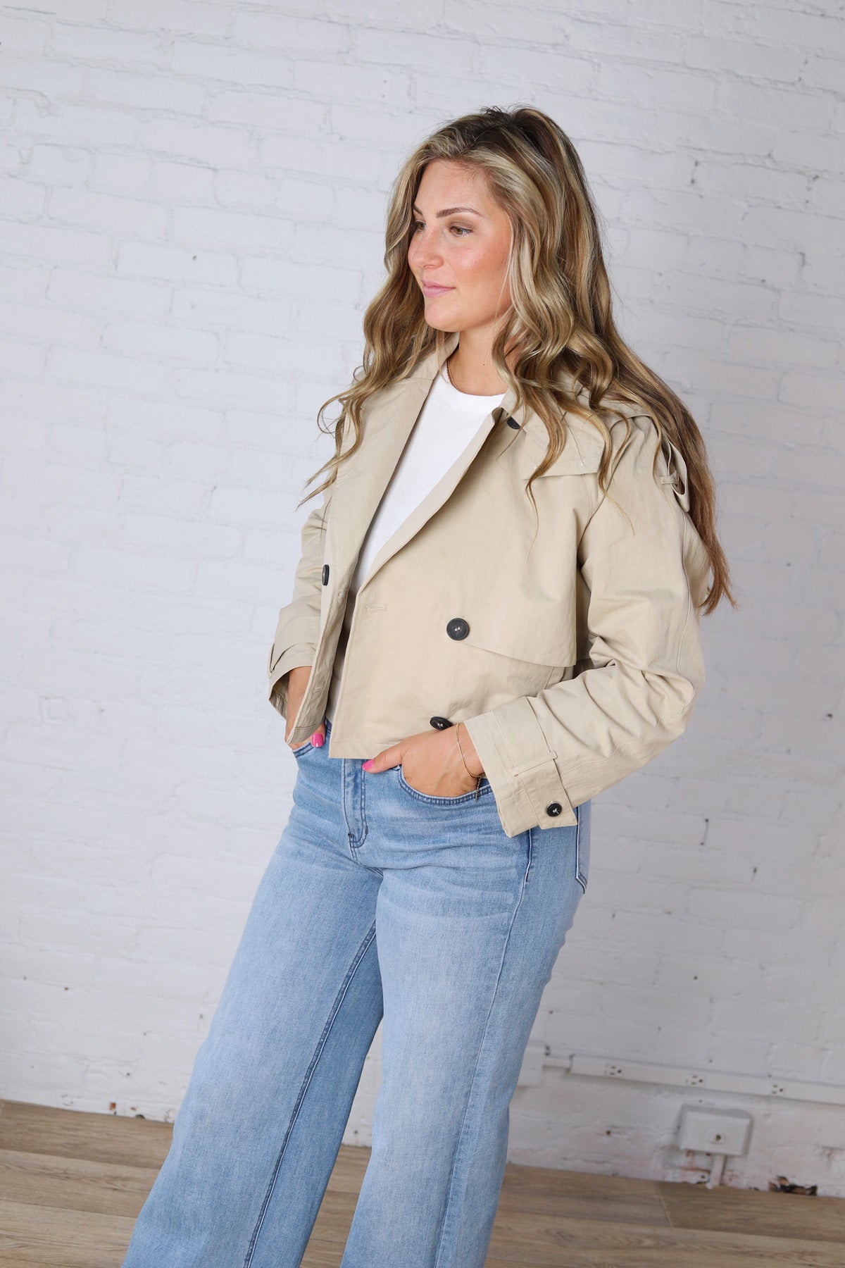 Elowyn Cropped Double Breasted Trench Jacket - Khaki