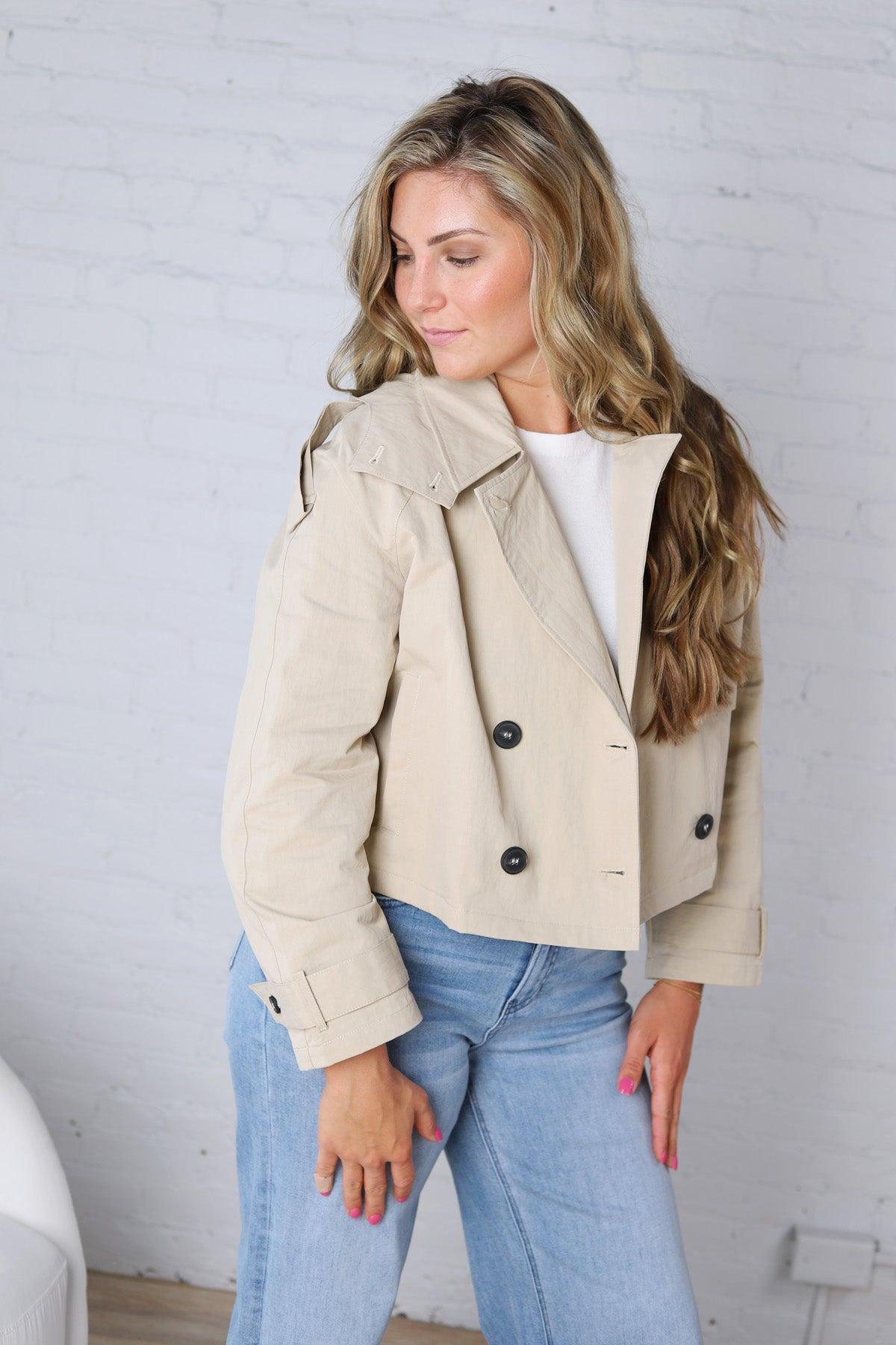 Elowyn Cropped Double Breasted Trench Jacket - Khaki