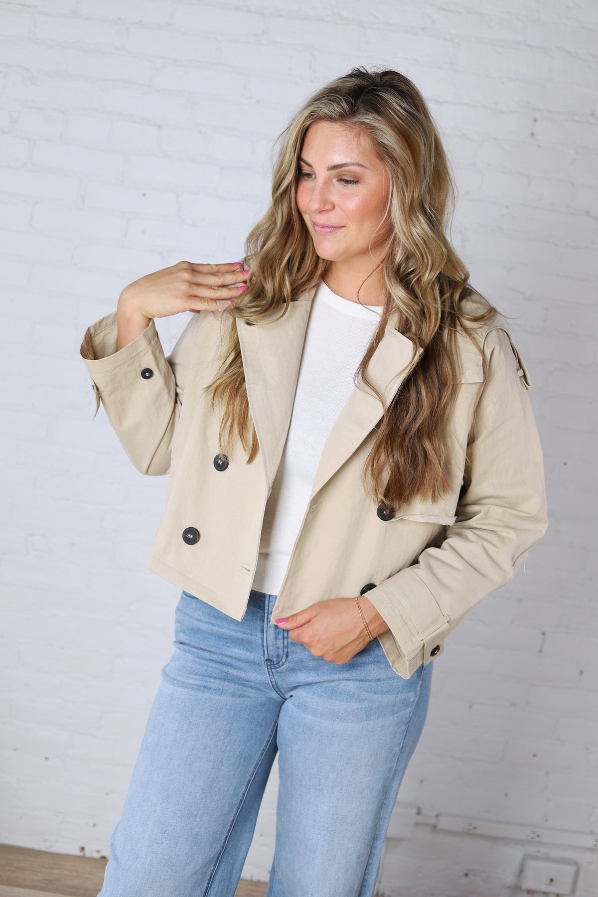 Elowyn Cropped Double Breasted Trench Jacket - Khaki
