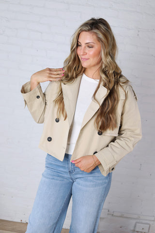 Elowyn Cropped Double Breasted Trench Jacket - Khaki