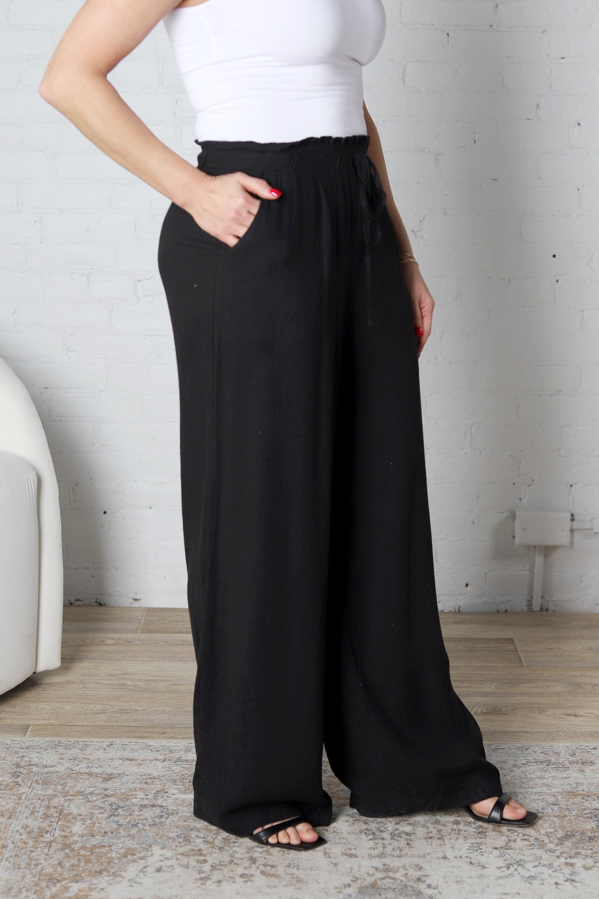 Elowyn Linen Wide Leg Pant - Black