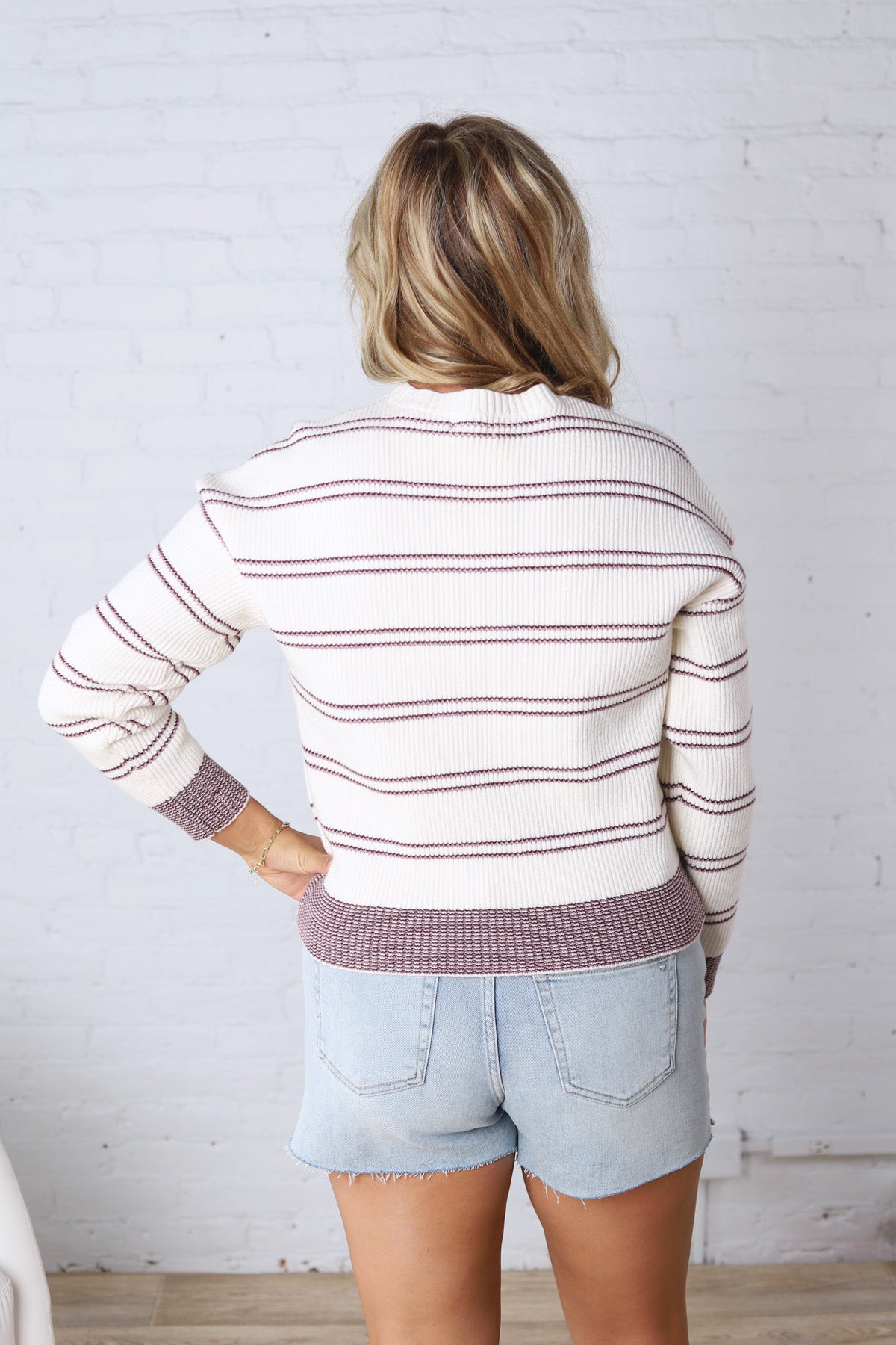 Ely Sweater - Cream Burgundy Stripe