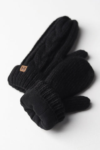Elyza Winter Cable Knit Mittens Fleece Lined - Black