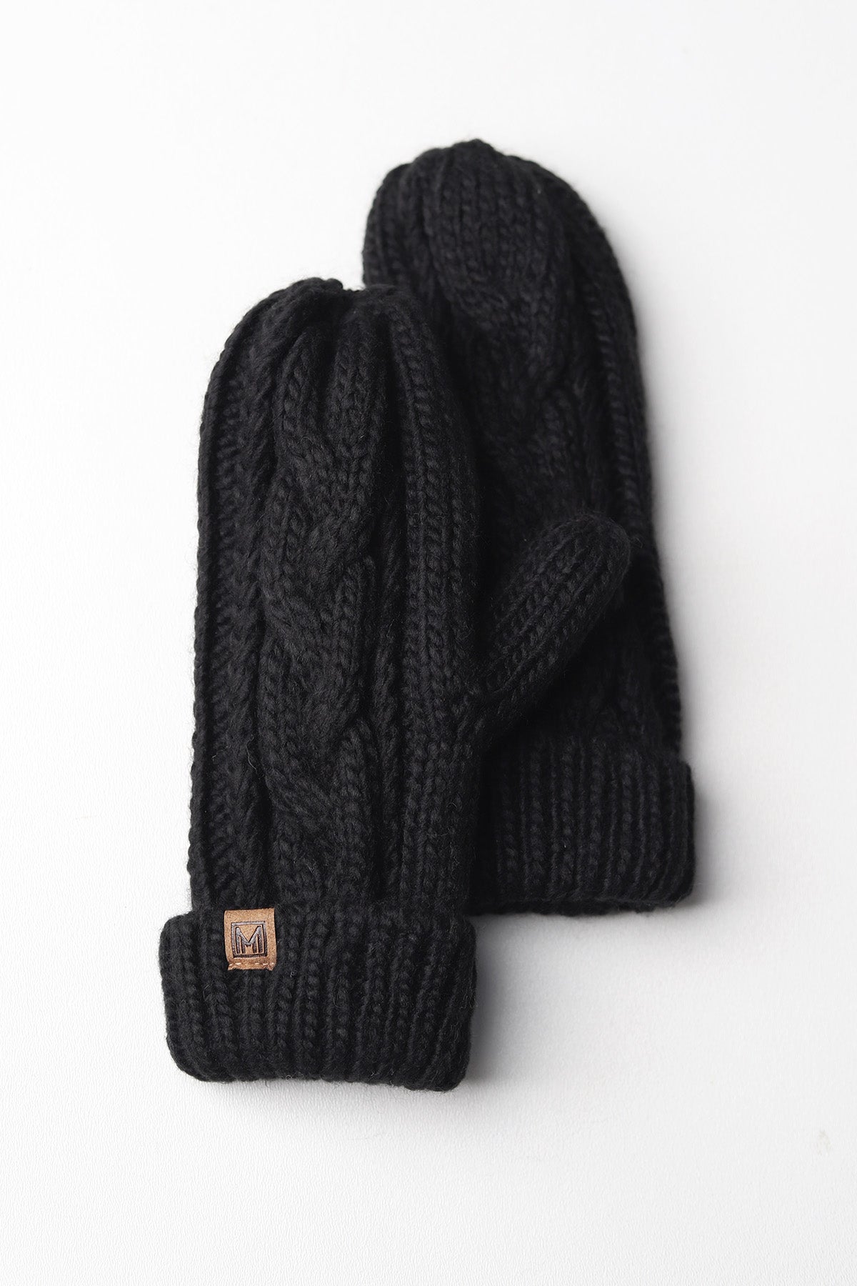 Elyza Winter Cable Knit Mittens Fleece Lined - Black