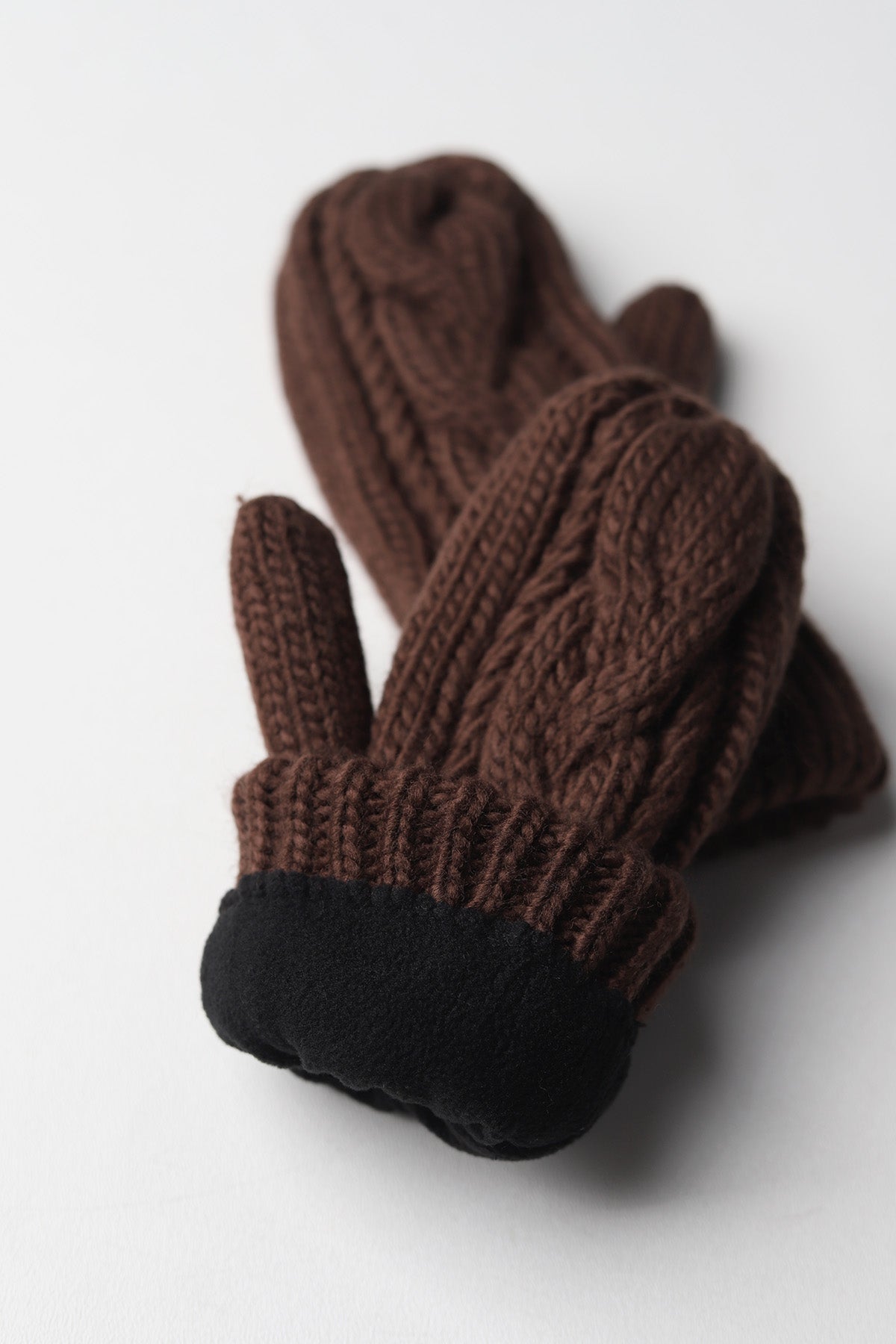 Elyza Winter Cable Knit Mittens Fleece Lined - Brown