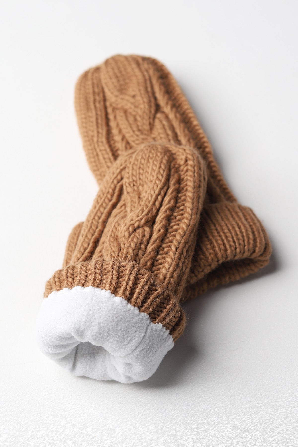 Elyza Winter Cable Knit Mittens Fleece Lined - Camel