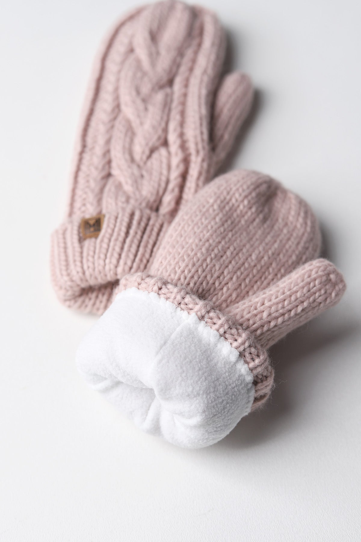 Elyza Winter Cable Knit Mittens Fleece Lined - Lt Pink