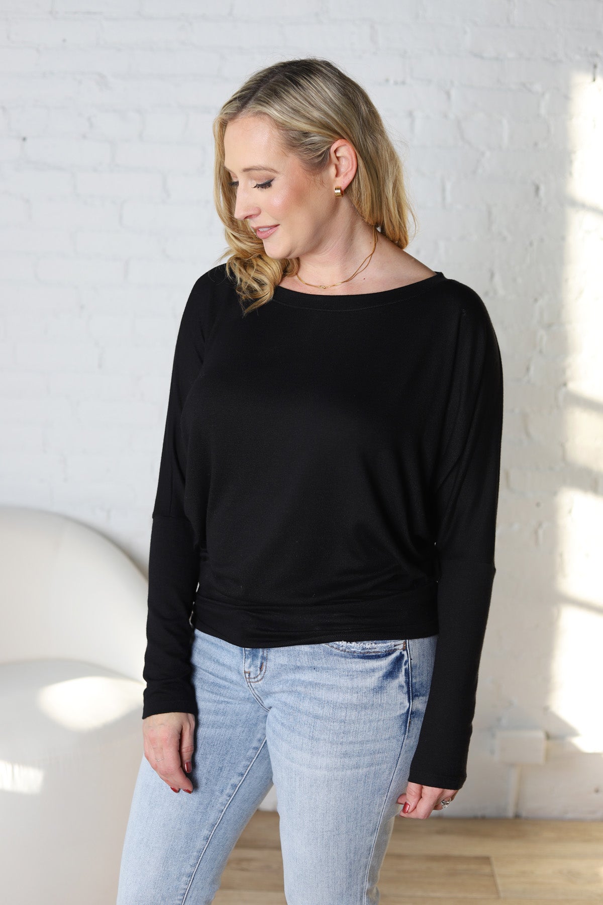 Emberly Dolman Sleeve Hacci Knit Top - Black