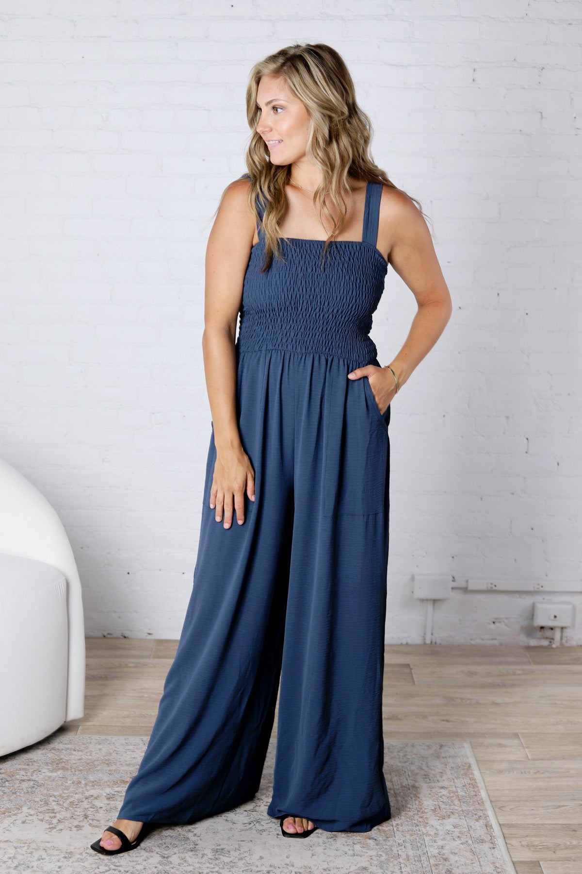 Emberlyn Smocked Top Wide Leg Jumpsuit - Midnight Blue - FINAL SALE