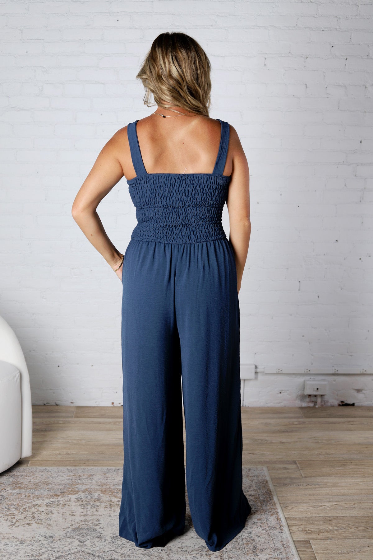 Emberlyn Smocked Top Wide Leg Jumpsuit - Midnight Blue - FINAL SALE