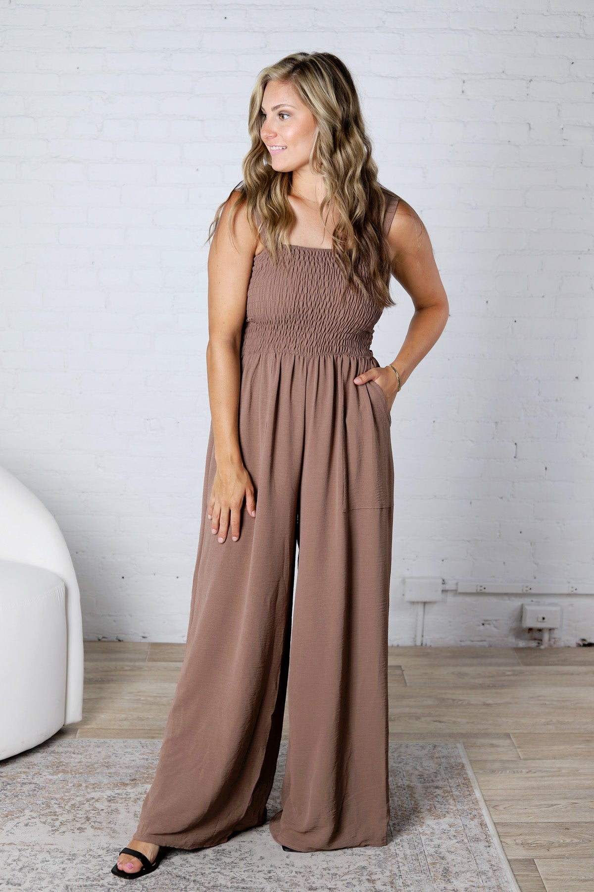 Emberlyn Smocked Top Wide Leg Jumpsuit - Mocha - FINAL SALE
