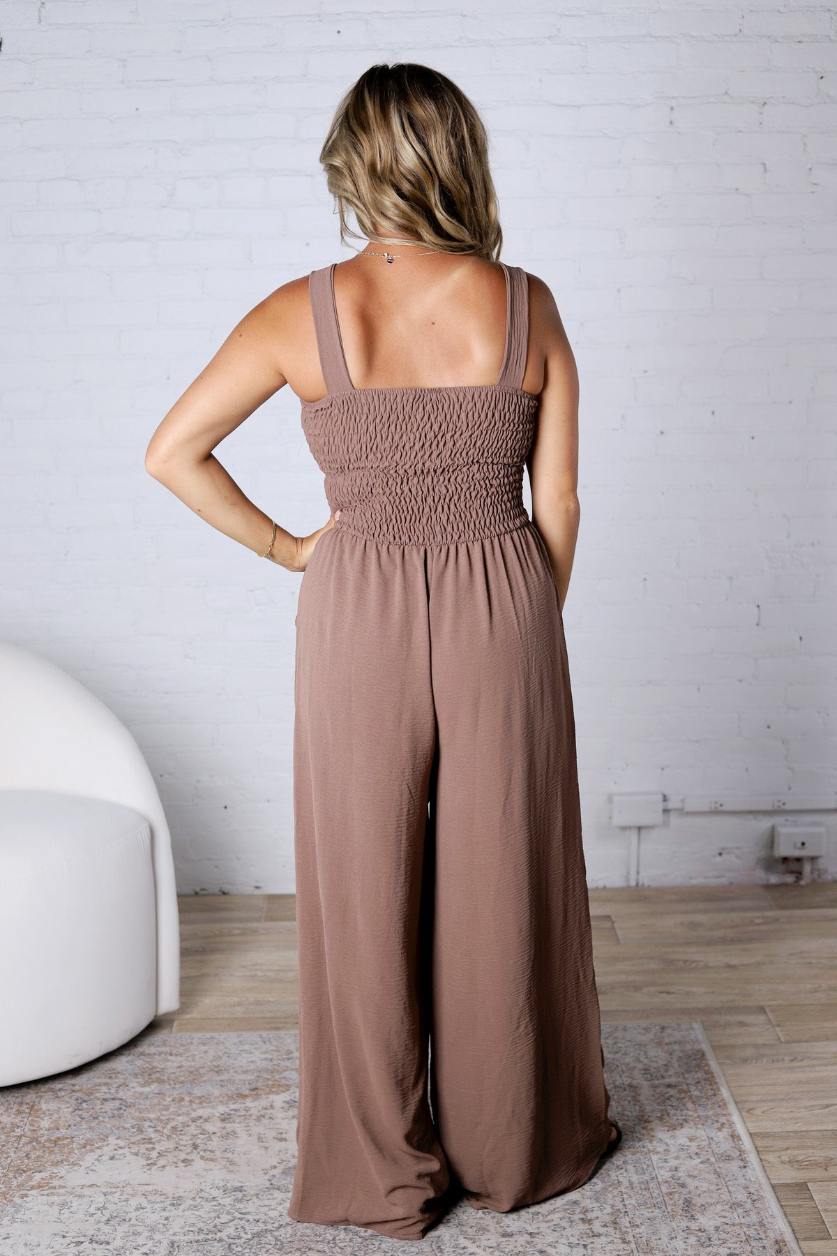 Emberlyn Smocked Top Wide Leg Jumpsuit - Mocha - FINAL SALE