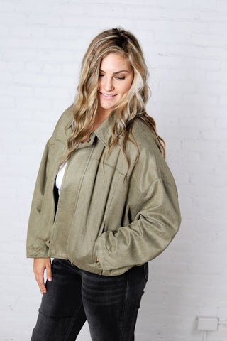 Estella Faux Suede Bomber Jacket - Olive