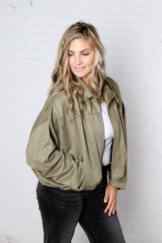 Estella Faux Suede Bomber Jacket - Olive