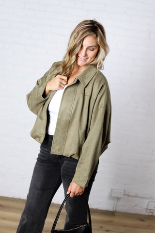 Estella Faux Suede Bomber Jacket - Olive