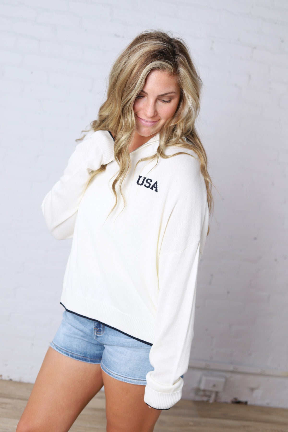 Evelina USA Flag Half Zip Sweater