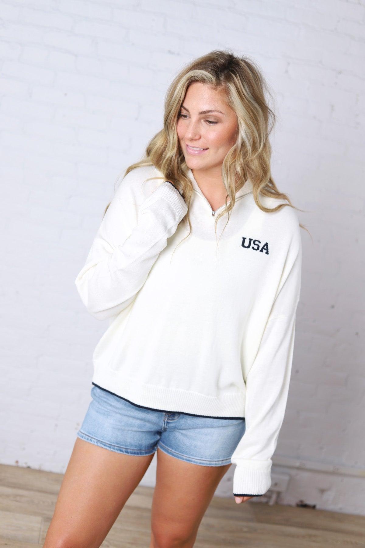 Evelina USA Flag Half Zip Sweater
