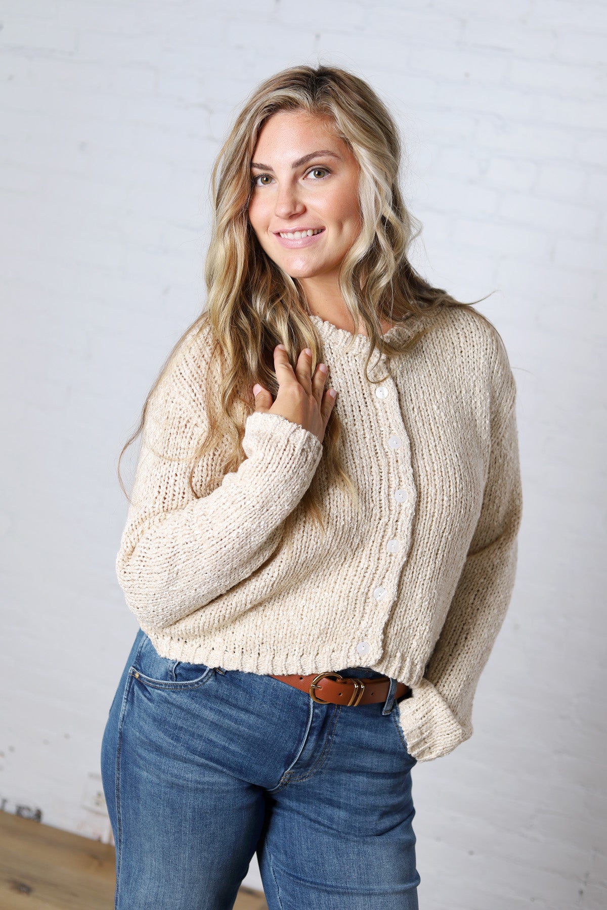 Fable Textured Button Knit Cardigan - Oat