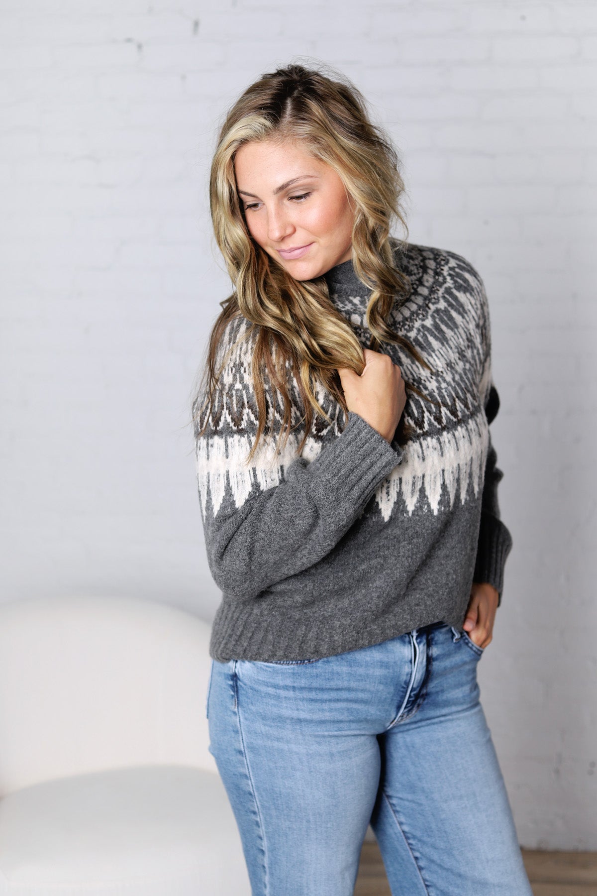 Fair Isle Knit Mock-Neck Sweater - Charcoal